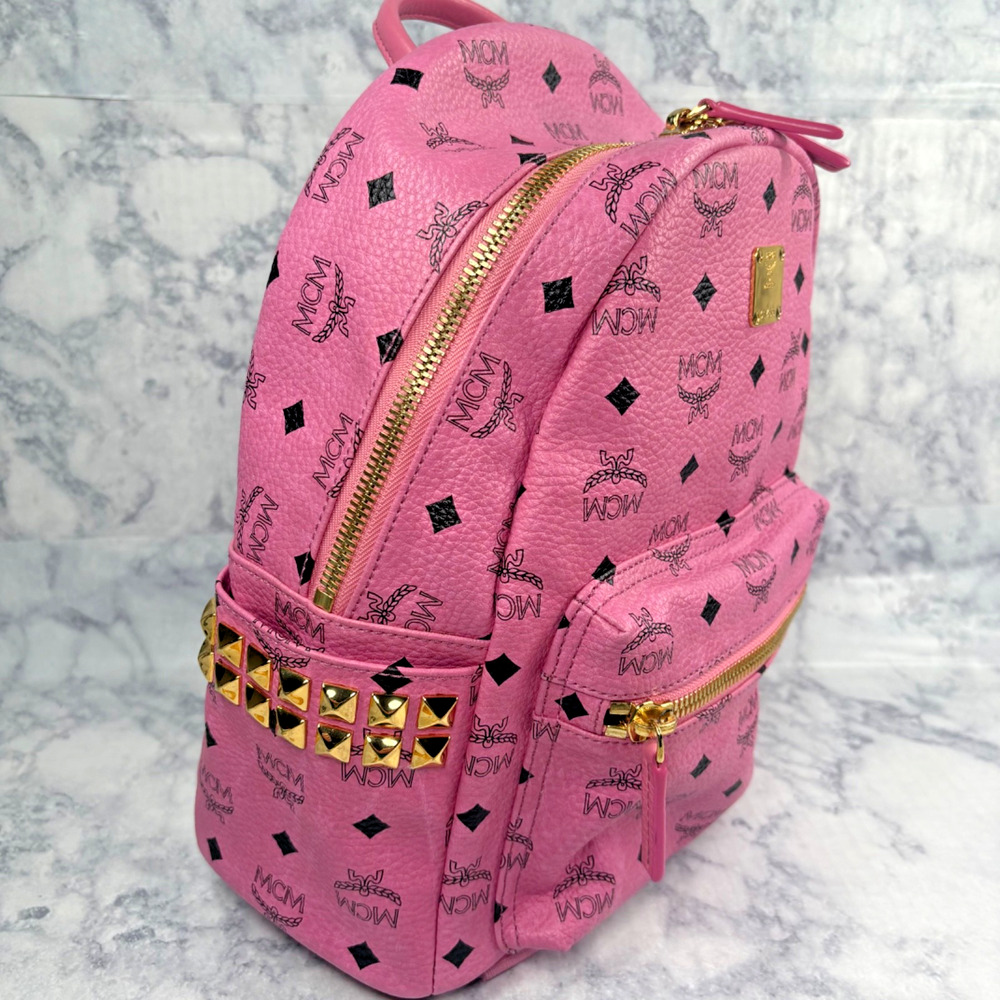 MCM Pink Monogram Gold Stud Leather Stark Backpack Laptop School Bag Comfort - Picture 5 of 16